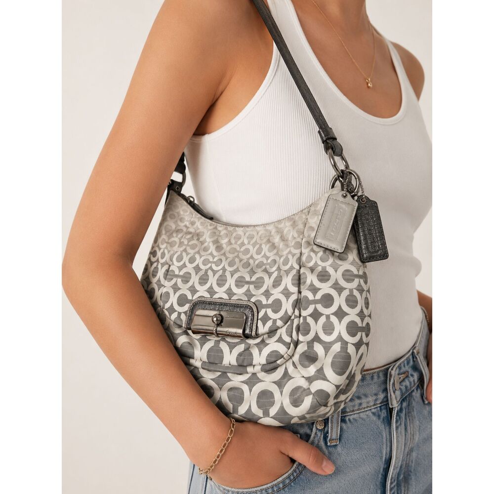 Vintage Coach Signature Op Art Hobo Shoulder Bag Gray White Y2K Purse